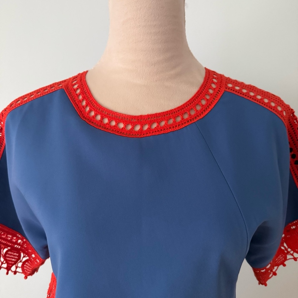 Tory Burch Marissa Runway Blue & Redish Orange Lace Shift Dress Size 2 💙 - Picture 2 of 14